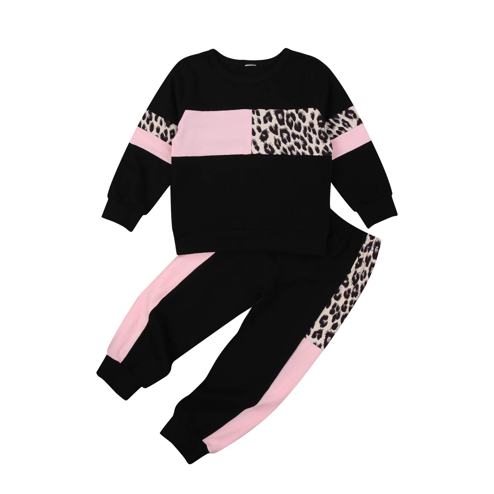 Toddler Baby Girl Clothes Cute Sweatshirt Set Leopard Printed Sweatsuit Ruffle Sweatpants 2PCS Fall Winter Outfit Sweater Set (Black, 3-4T)