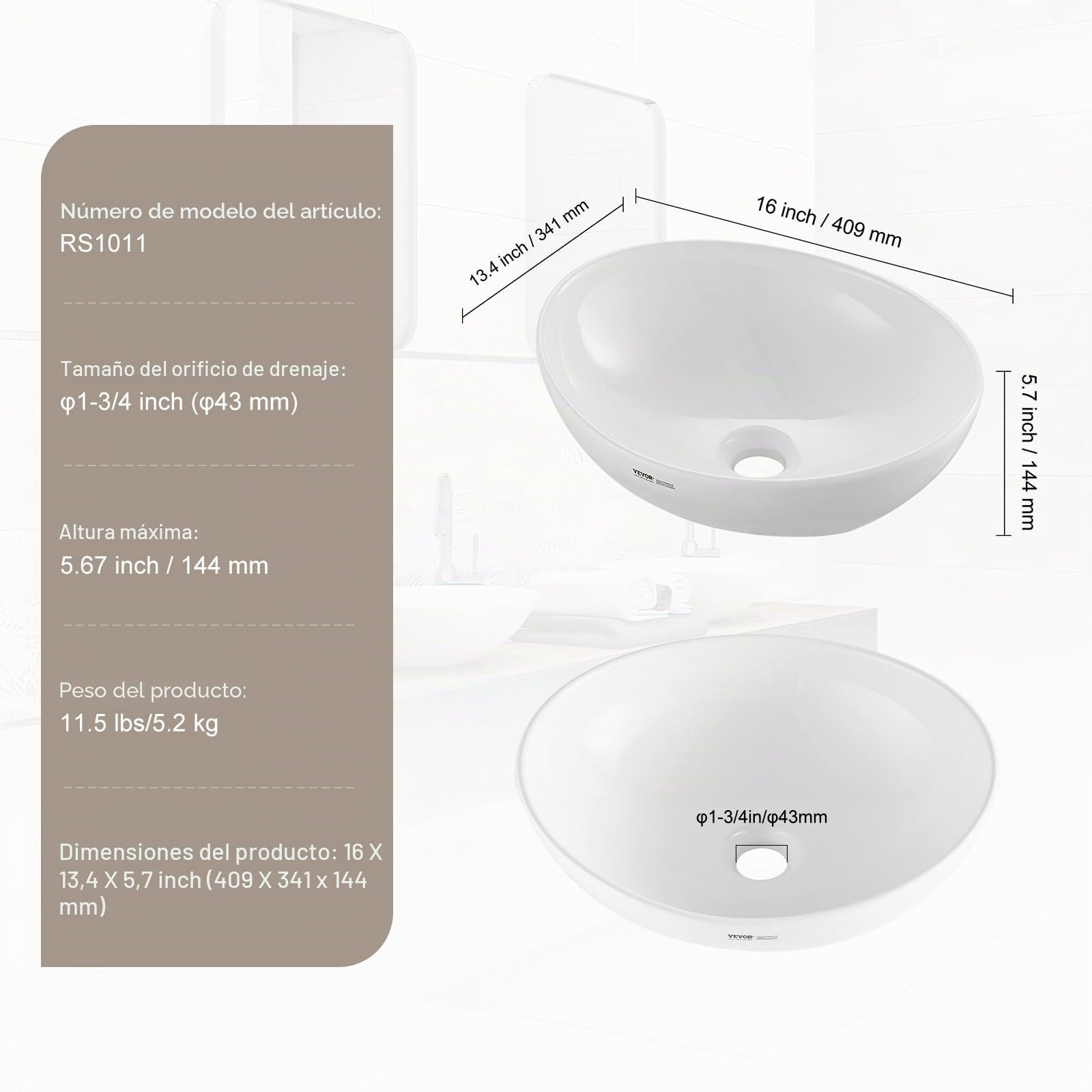 VEVOR - Fregadero ovalado, encimera de lavabo de 16 x 13.4 pulgadas, fregaderos de baño de cerámica blanca encima del mostrador, fregadero con estilo moderno, bien empaquetado para baño, hotel,