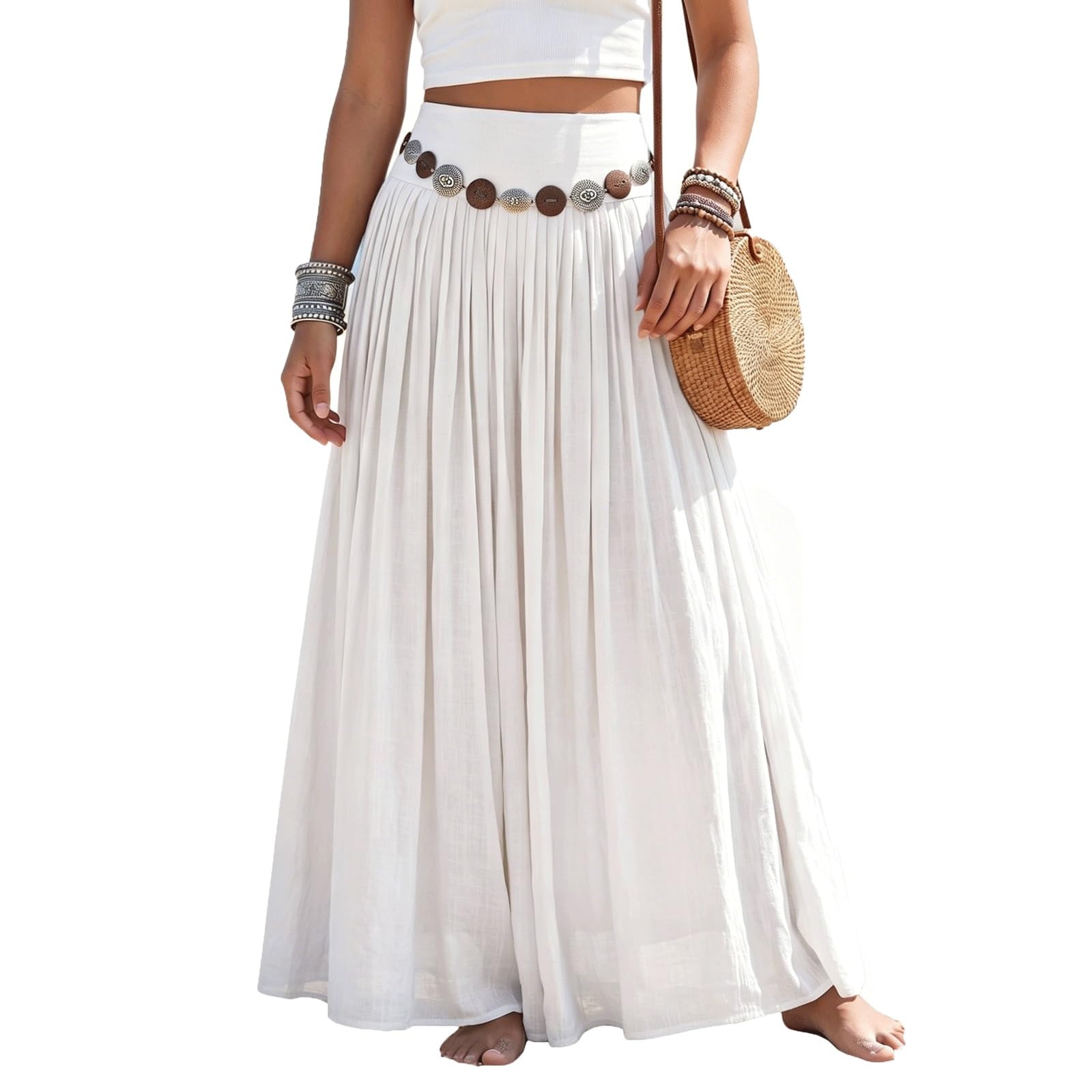 UYHBCNQD Retro Midi Long Skirt Solid Color Women's Maxi Skirts with Waist Chain(Wei�,Lagre)