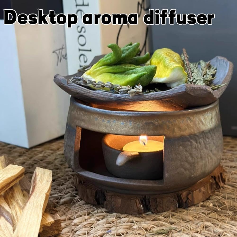 Ceramic Tea Stove Warmer Set, Zen Aromatherapy Burner, Ceramic Aromatherapy Stove Essential Oil, Handmade Zen Incense Burner Kit Multi-Functional Teapot Warmer for Home Office (Brown B)