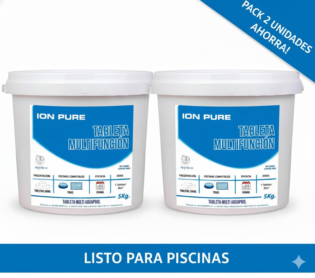 Pack Ahorro 2 uds Compacto 5 ACCIONES AQUAPOOL (200 GR) - Pastillas de Cloro multifunción - Disolución Lenta - Apto Piscinas Liner (2x5 KG)