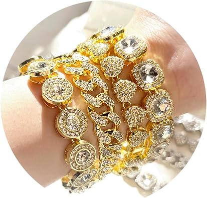 4PCS Layered Link Bracelet for Women Clustered Tennis Bracelet Heart Round Cuban Link Bracelet Set Fashion Jewelry Bracelet Set Gifts