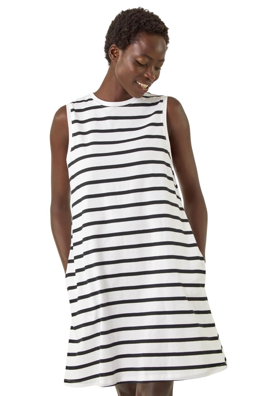 Roman Women's White Stripe Jersey A-Line Dress In | Size: 18