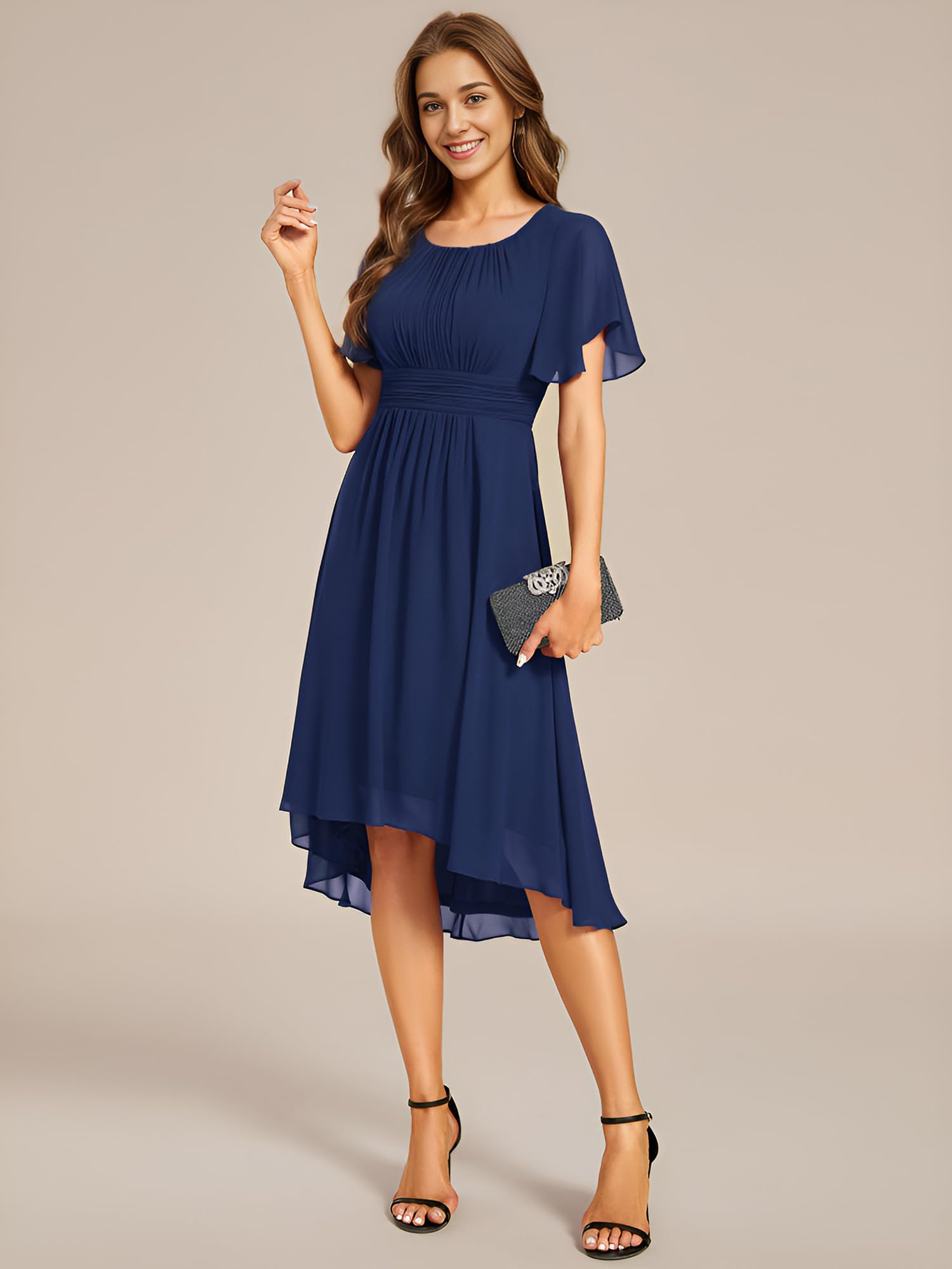 Ever-Pretty Robe de Cocktail Soirée Femme Col Rond Manches Courtes Mousseline EG02053