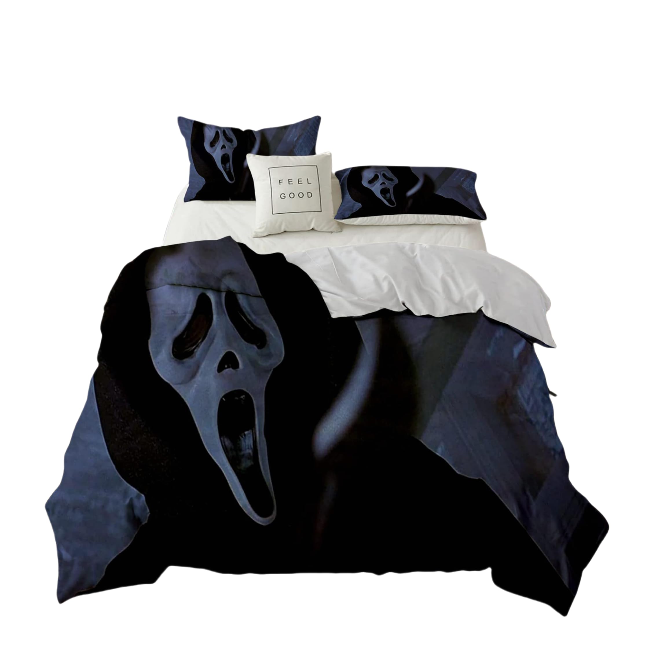 DLAYLQZG Horror Movie Halloween Skeleton Duvet Cover Black Cloak of Death Scythe Spectre Bedding Set 3Pcs Microfiber Screaming Skull Mask Quilt Cover with 2 Pillowcase (Black5,Double 200x200cm)