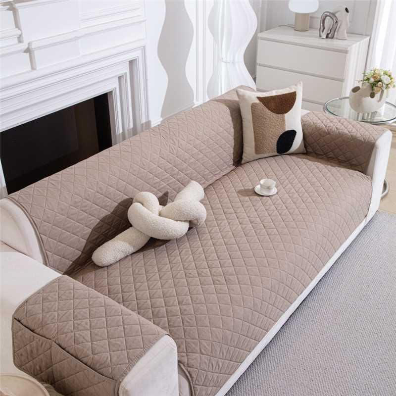 HOMETHREADS Premium Style Anti Slip Sofa Cover Set | Cotton Sofa Slipcover | 1Pc Front Cover with Attached Backrest Mat + 2Pc Armrest Mat (Beige, 4 Seater | 200x185cm)-image-41