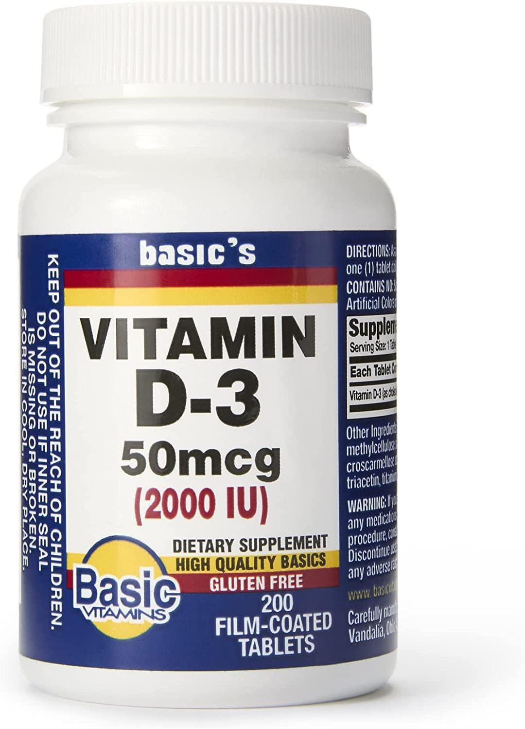 Basic Vitamins Natural Vitamin D3 2000 IU 200 FilmCoated Tablets Health