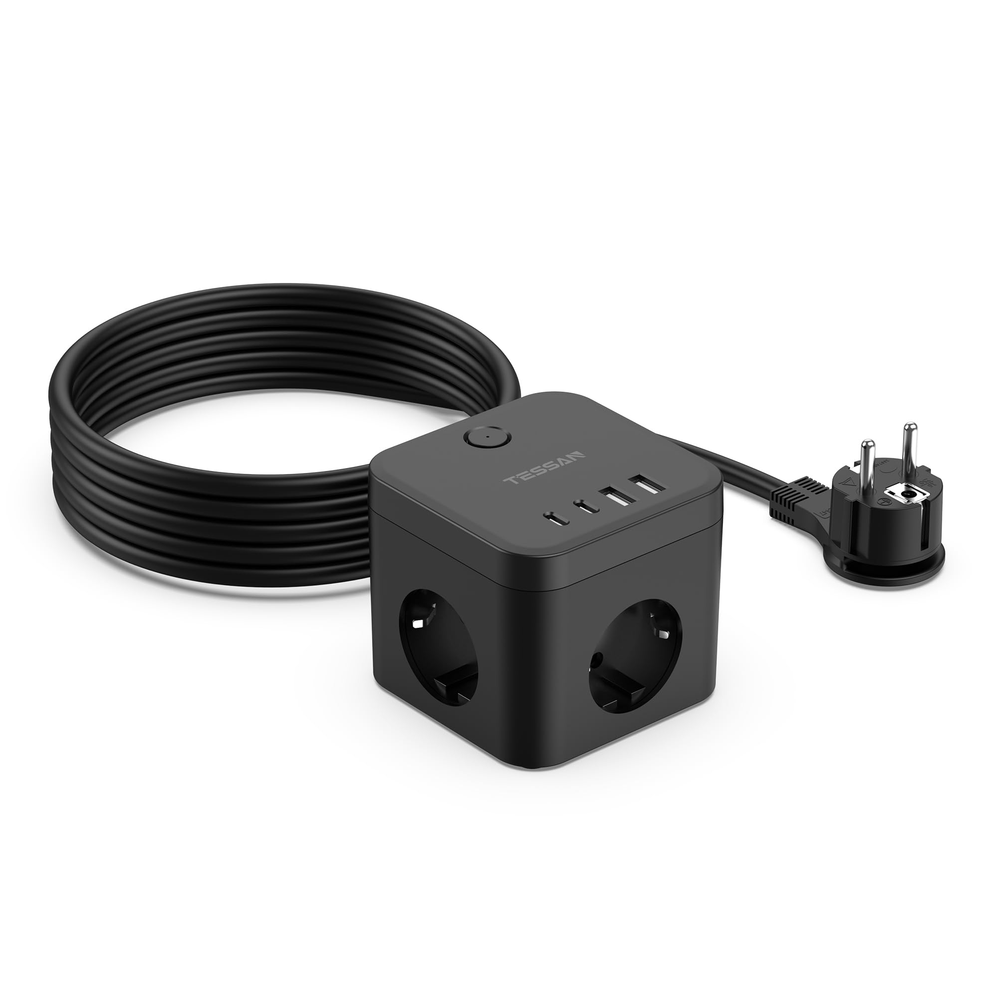 TESSAN Presa Multipla con Prolunga Elettrica 5 M, Ciabatta Multipresa con USB C PD 20W Ricarica Rapida, 3 AC Ciabatta Elettrica Cubo con 4 USB e Interruttore, Multipresa Salvaspazio, Nero, 3680W