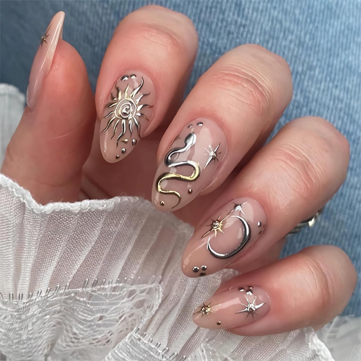 MERVF Almond Press on Nails Medium Fake Nails Nude Glue ons Star Sun Moon Snake Print Acrylic Stiletto False Nail Bohemian Design for Women Glossy