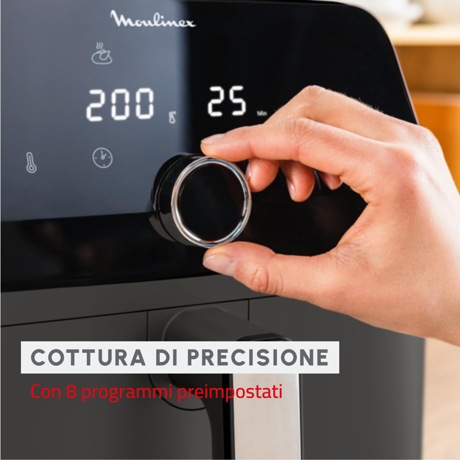Moulinex Easy Fry Mega, Friggitrice ad Aria, Capacità Extra-Large 7.5 L, Fino a 8 Persone, 8 Programmi Preimpostati, Dimensioni Compatte, App con Ricette, Lavabile in Lavastoviglie, EZ855H, nera