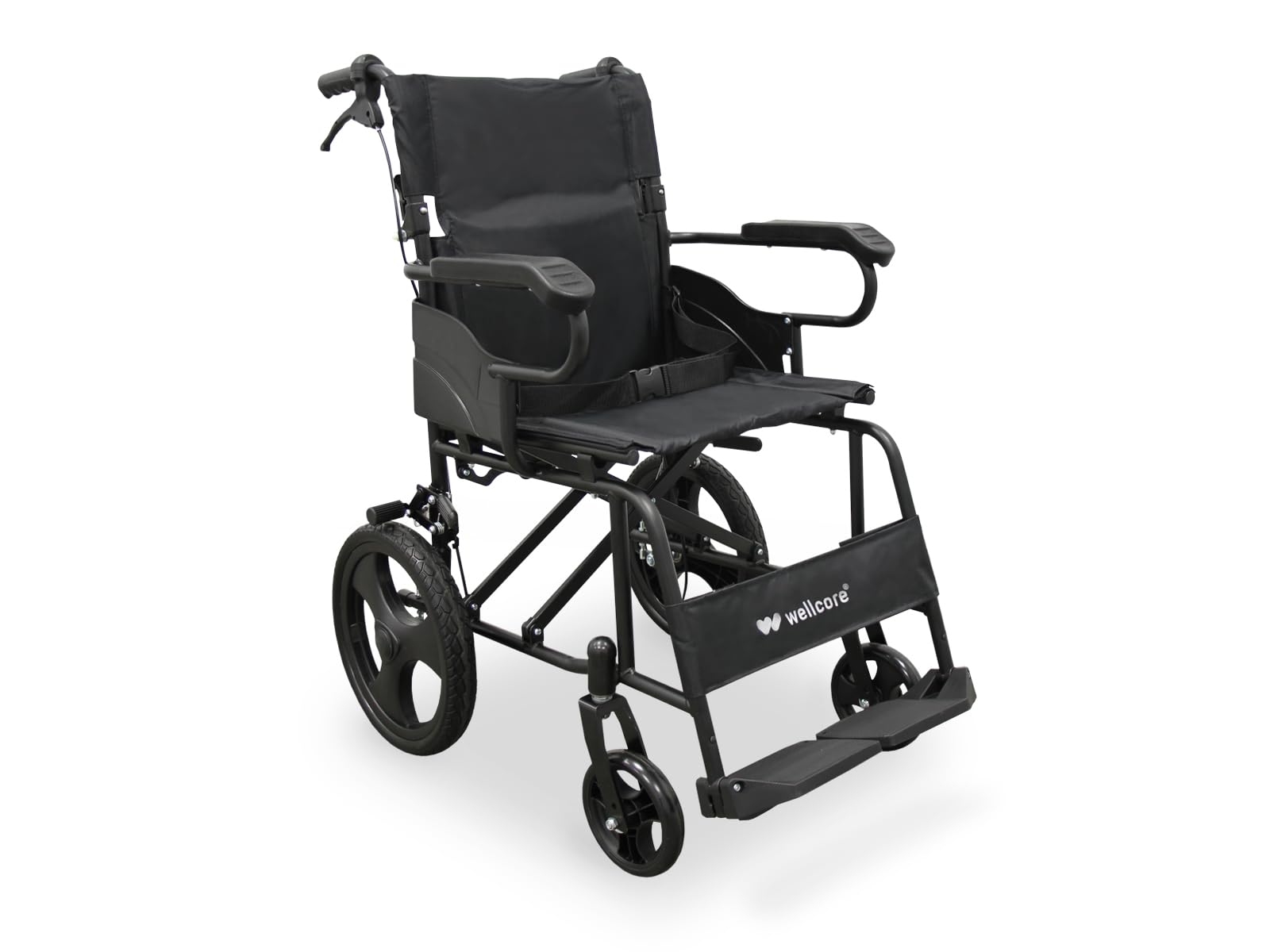 WELLCORE Fauteuil roulant de transfert pliant, châssis en acier, léger et compact, roues solides, freins à poignée, dossier pliable, largeur d'assise 46 cm, jusqu'à 100 kg.