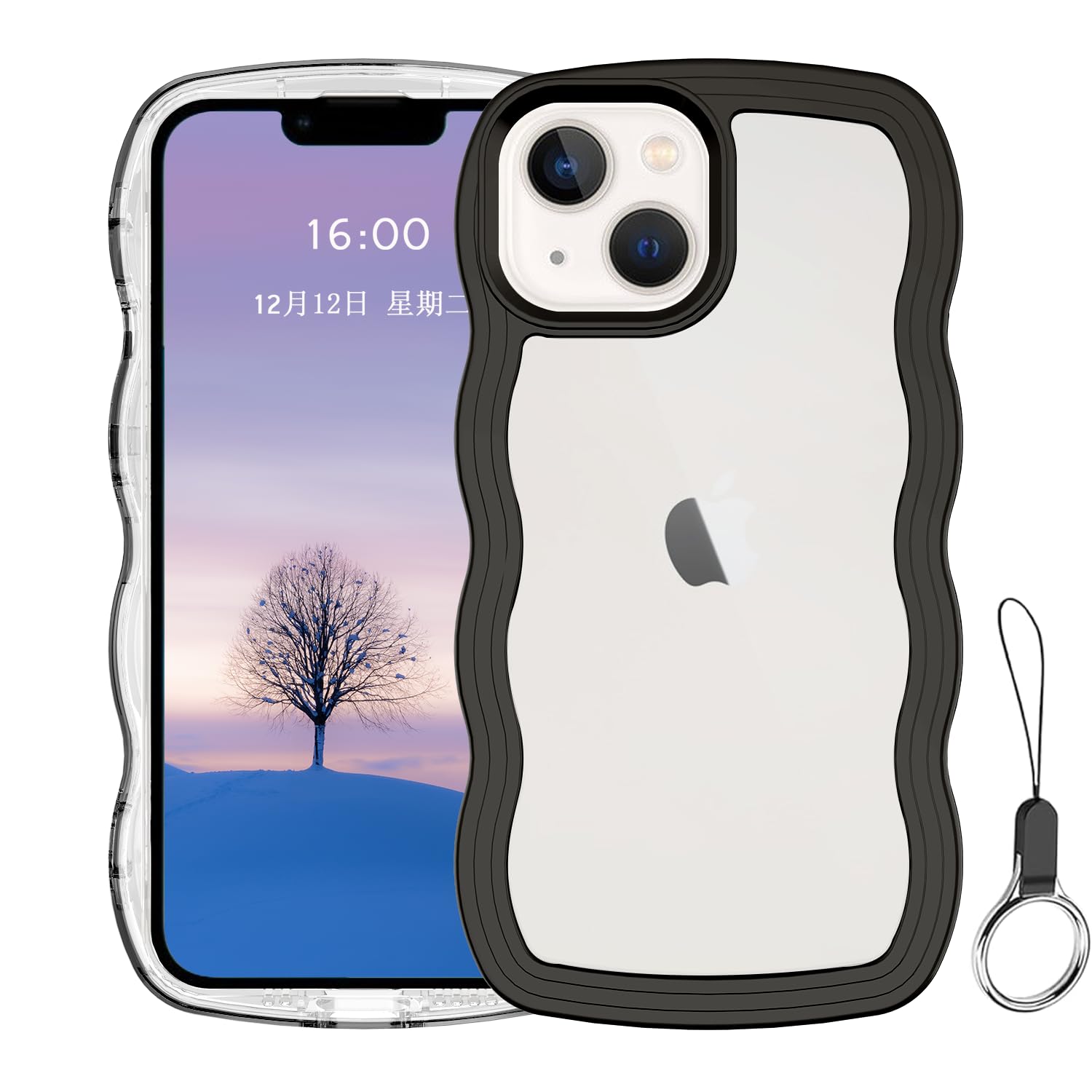 iPhone 13mini ケース クリア ウェーブ アイフォン 13mini TPU波状フレーム うねうね アイフォン13mini 滑り止め スマホケースウェーブ デザイン 手にフィット 韓国 可愛い 女性用 女子向け 透明 ケースカバー 人気 落下防止 耐衝撃 ストラップホール付き アイフォン13mini なみなみ ワイヤレス充電対応(iPhone 13mini-ブラック)