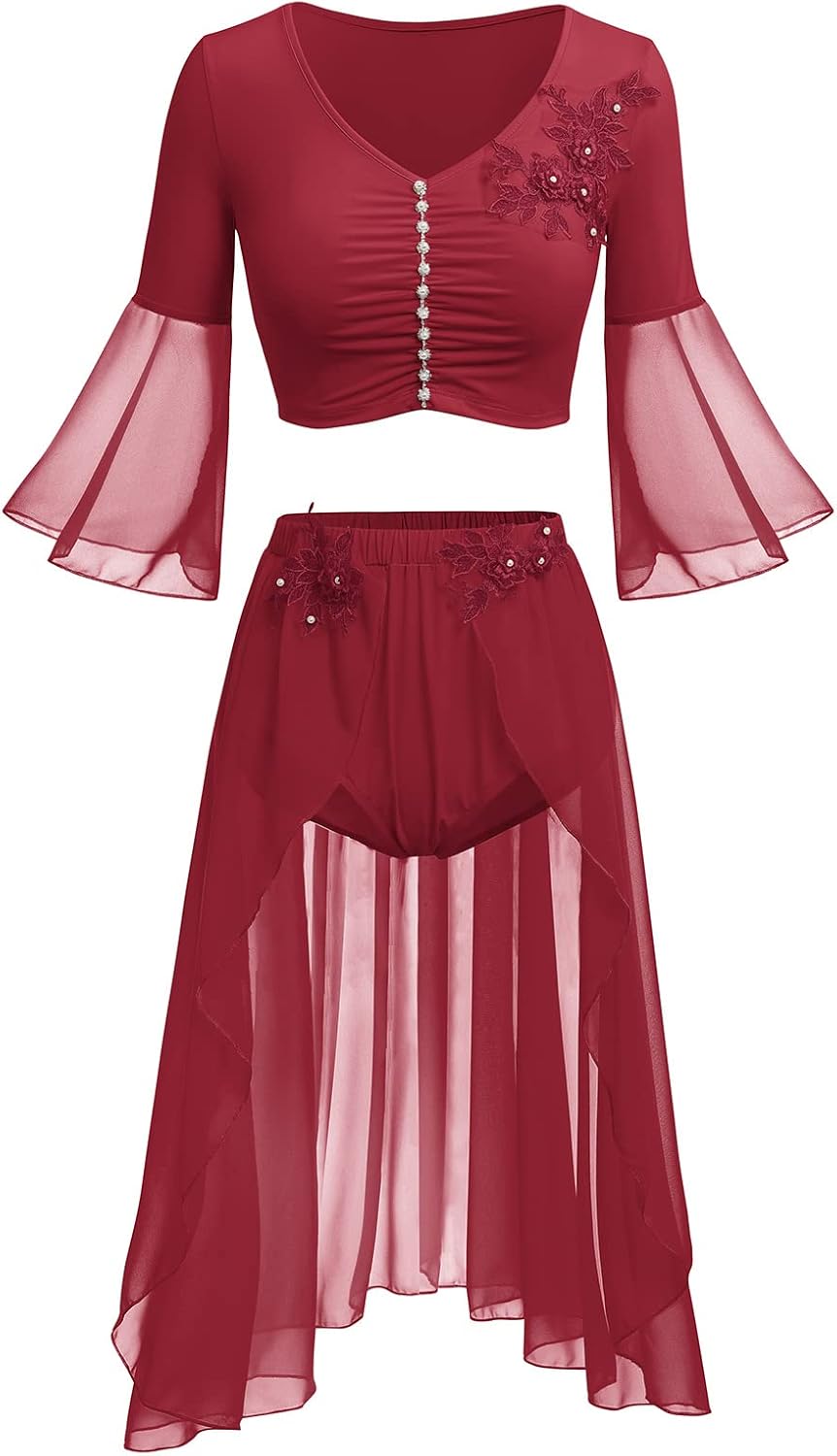 ODASDO Women Lyrical Dance Costume Flare Sleeve Crop Top Chiffon Flowy Skirted Leotard Two Piece Outfit