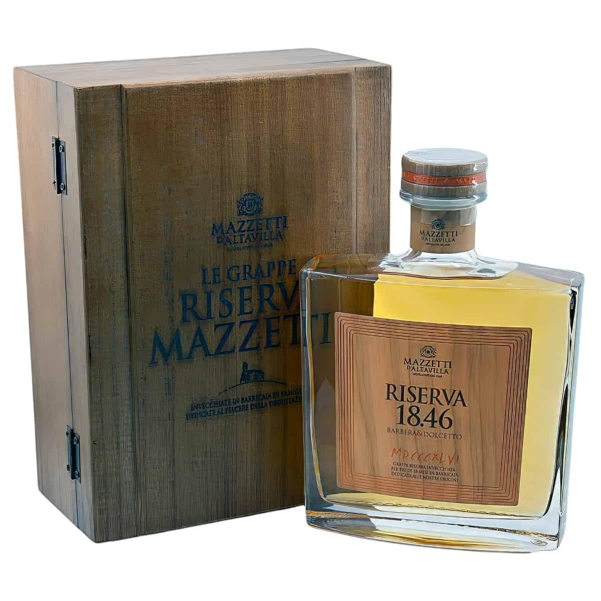 Mazzetti d’Altavilla Grappa Riserva 18.46 in einer Holzbox | Barbera & Dolcetto | Piemont | 0,7 l | 43 % Vol. | Allier & Kastanienfass gereift | Premium Grappa