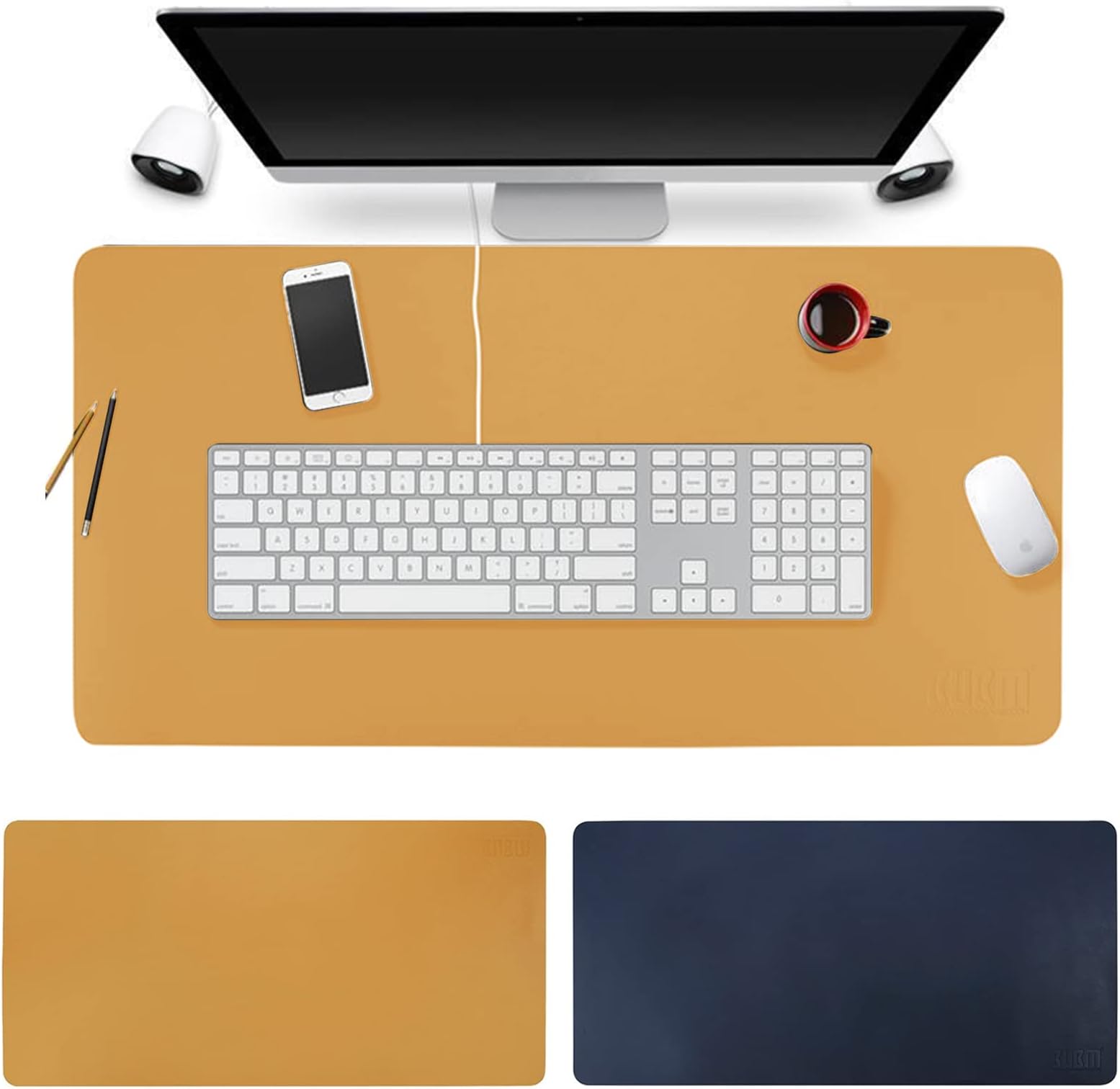 BUBM PU Leather Mouse Pad Mat Waterproof, Perfect Desk Writing Mat for Office and Home,Ultra Thin 2mm - 31.5"x15.8" (Sapphire)