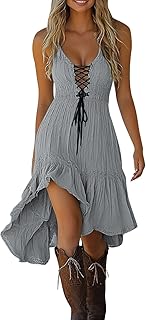 Women Vintage Renaissance Summer Midi Dress Sleeveless Lace Up Front Smocked Waist Irregular Ruffle Lace Hem Dresses