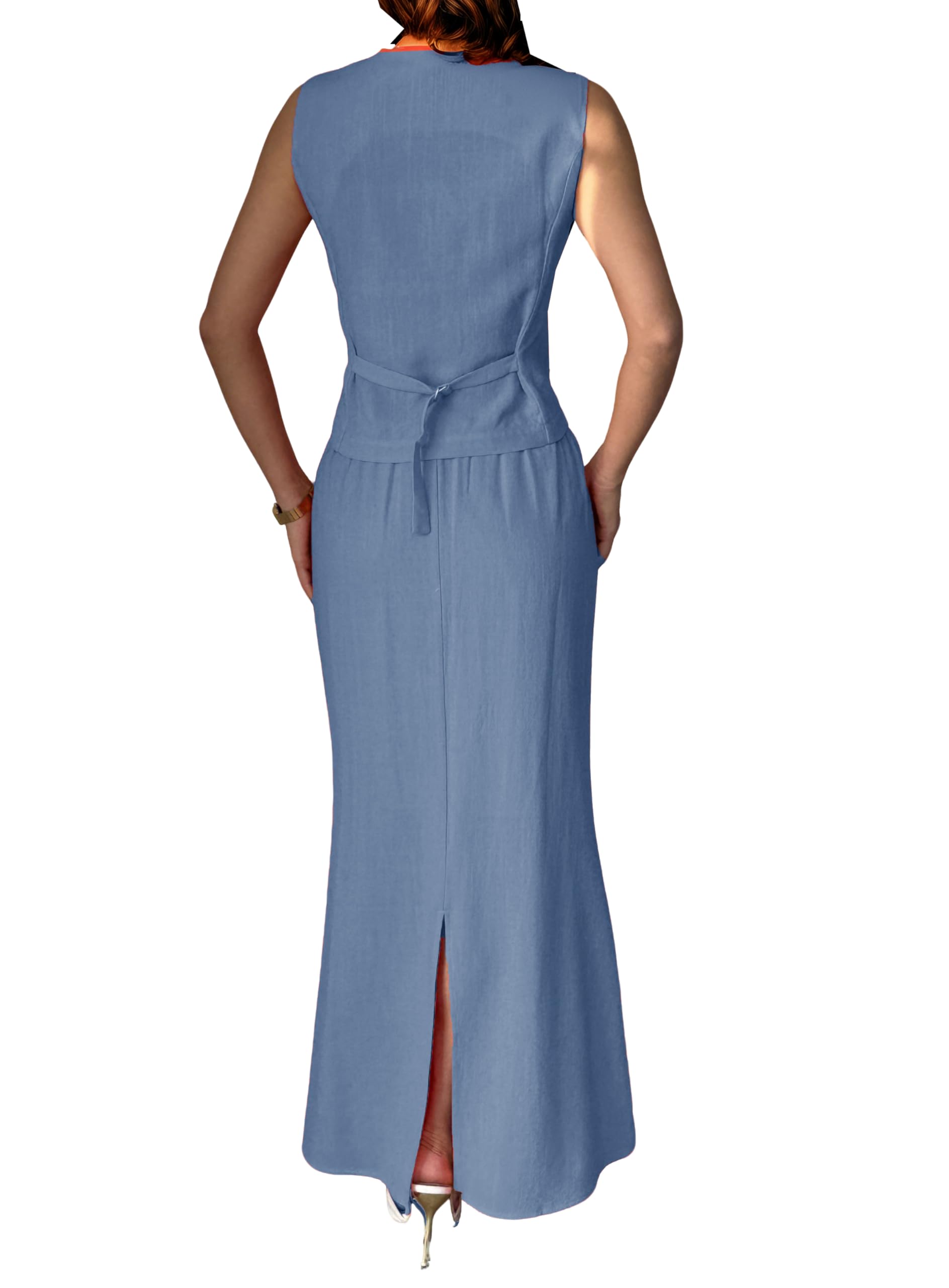 Fakanhui Completo da donna in lino, 2 pezzi, maxi gonna lunga, gilet, gilet, business, casual, vacanze, set estivo