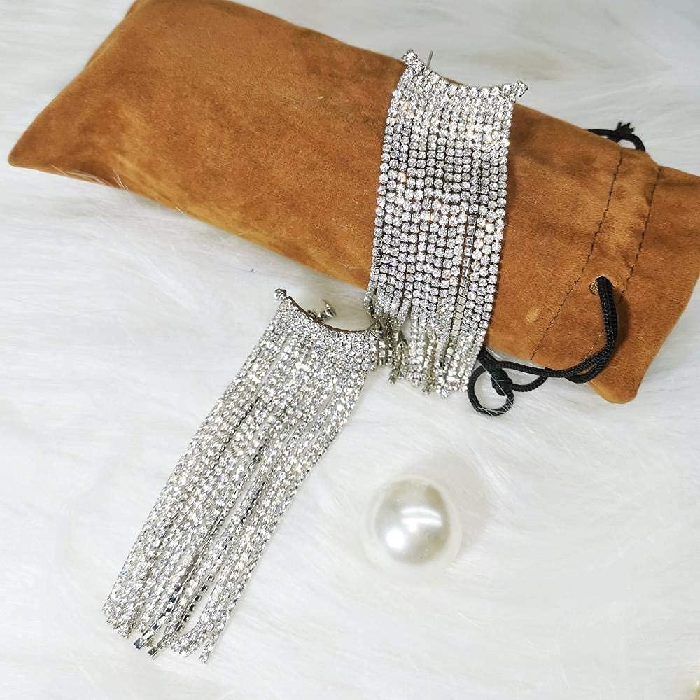 Uncle J Gold/Silver Rhinestone Crystal Long Tassel Dangle Earrings-Fringe Chain Chandelier Drop Earrings for Women, Wedding, Gifts