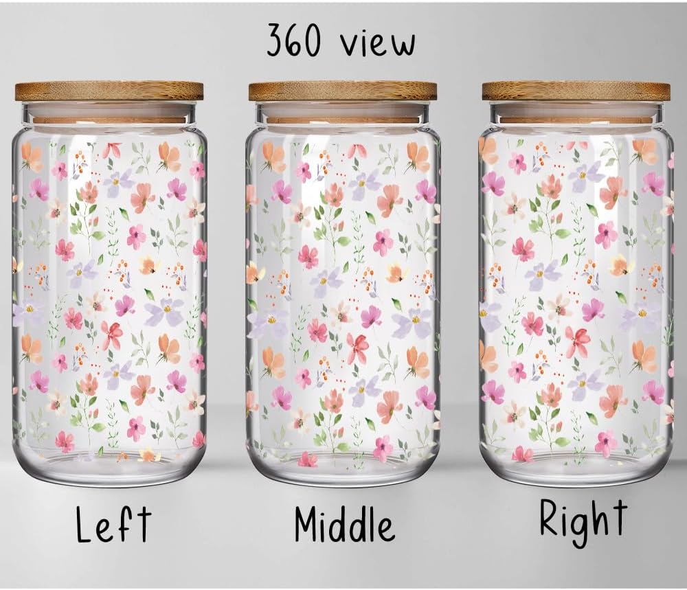 Wildflower Floral 16oz Glass Drinking Cup with Bamboo Lid Christian Gifts for Women Mother, Cute Flower Drinking Glass Gifts for Bestie Mother Birthday Bridesmaid Party - Image 2