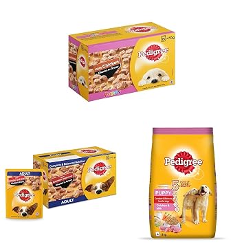 Pedigree Puppy Wet Dog Food, Chicken Chunks in Gravy, 70 g (Pack of 15) & Adult Wet Dog Food, Chicken & Liver Chunks in Gravy, 70 g (Pack of 15) & Puppy Dry Dog Food, Chicken & Milk, 3kg Pack