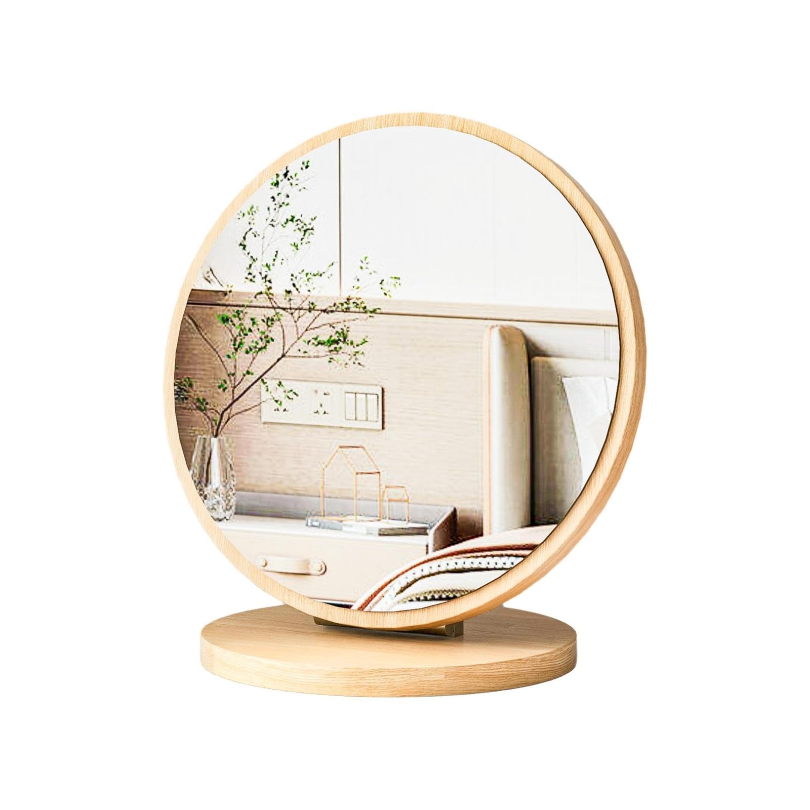 Wooden Makeup Mirror, Rectangular, 360° Rotating, Portable, Desktop, Home Bear Ear Cartoon-image-42
