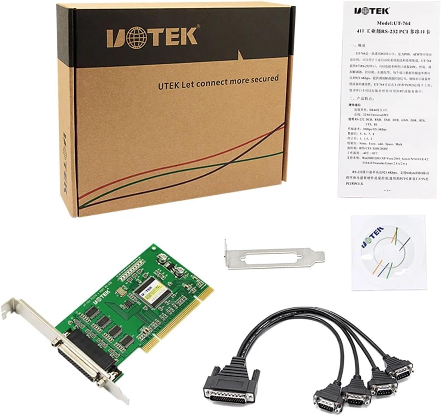 1PCS PCI to RS-232 Serial Card RS232 4 Ports High Speed DR44 Expansion Converter Industrial Grade DB9 Connector UT-764 Adapter