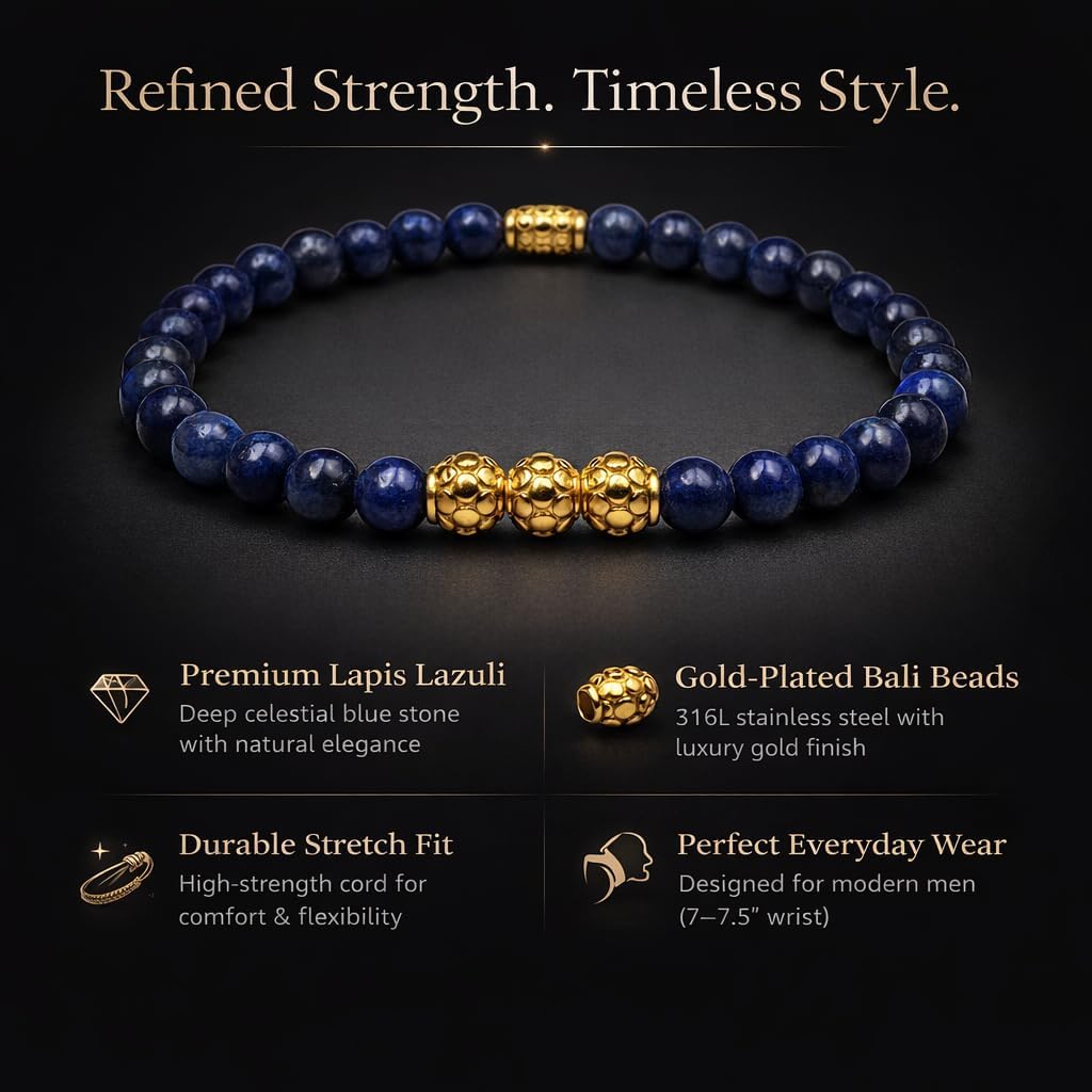 Kartini Studio Lapis Lazuli Bracelet, Men's Lapis Lazuli and Gold Plated Beads Bracelet, Bead Jewelry for Man