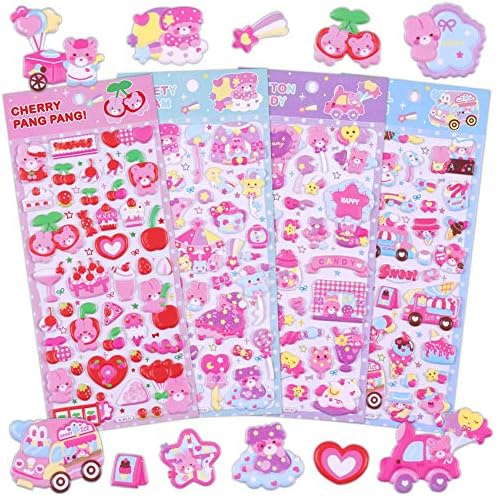 Kids Stickers 4 Different Sheets, 3D Puffy Sticker for Kids Girls, Bulk Scrapbooking, Foam Animal Bear Heart Stickers for Girls Valentine's Day Gift, Birthday Gift, Party Supplies, Reward