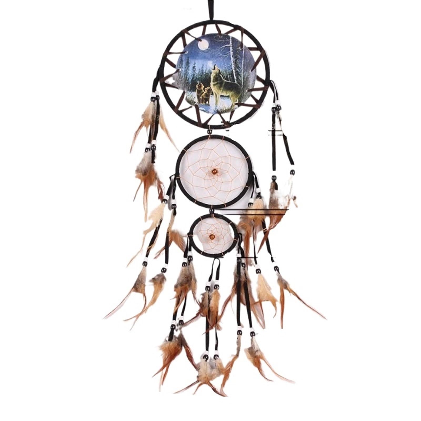 3PCS Handmade Dream Catcher With Brown Feathers Bead Home Hanging Wind Chimes Decoration for Bedroom(Style01)