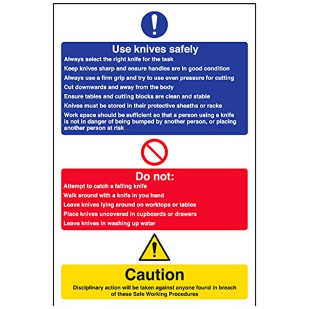 V Safety Use Knives Safely Notice Sign - 200mm x 300mm - 1mm Rigid Plastic
