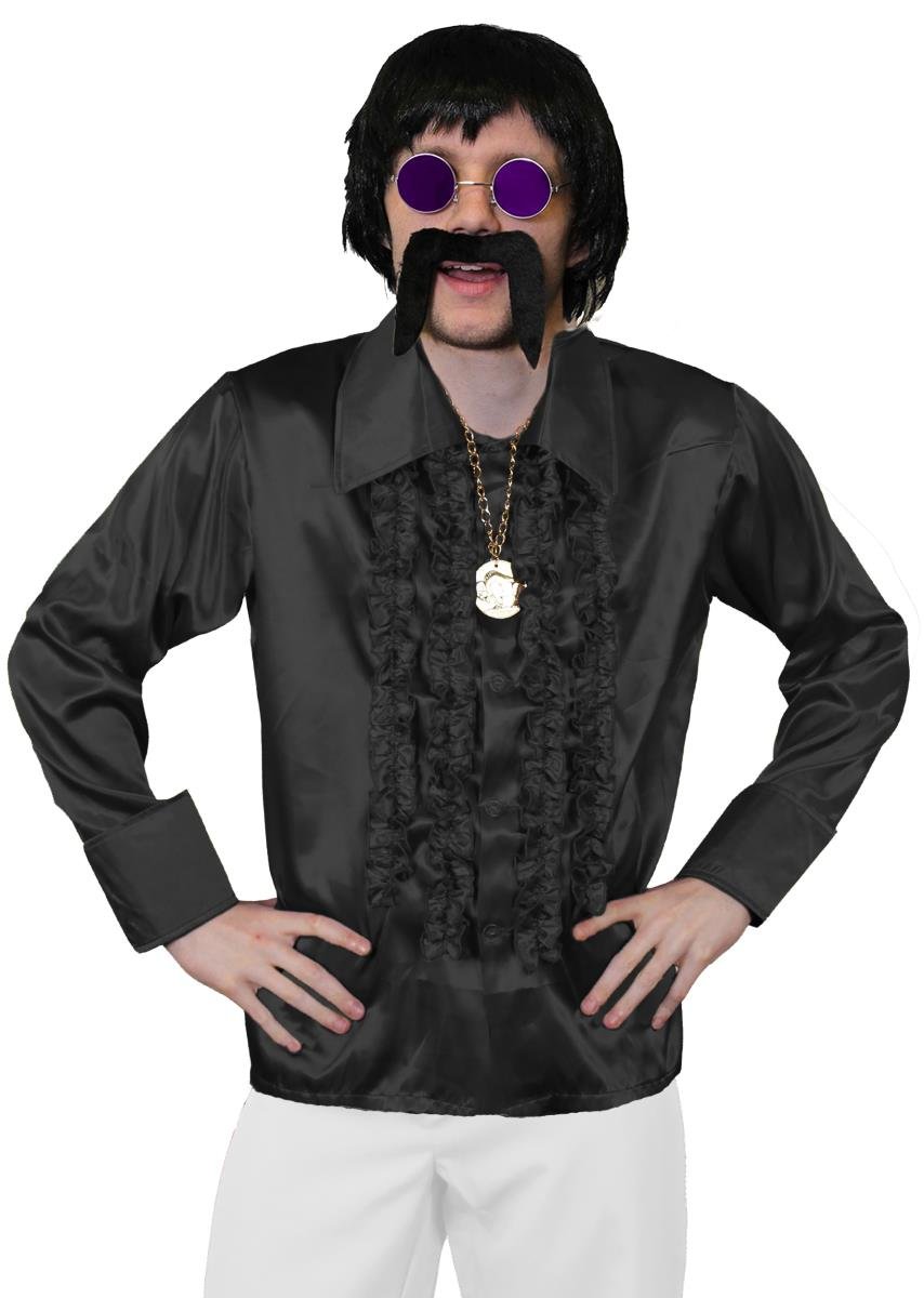 MENS 70S DISCO FANCY DRESS COSTUME - MENS SHORT BLACK WIG, BLACK DISCO SHIRT, GOLD MEDALLION, PURPLE GLASSES + BLACK MOUSTACHE - FUNKY FANCY DRESS COSTUME - BLACK SHIRT (LARGE)