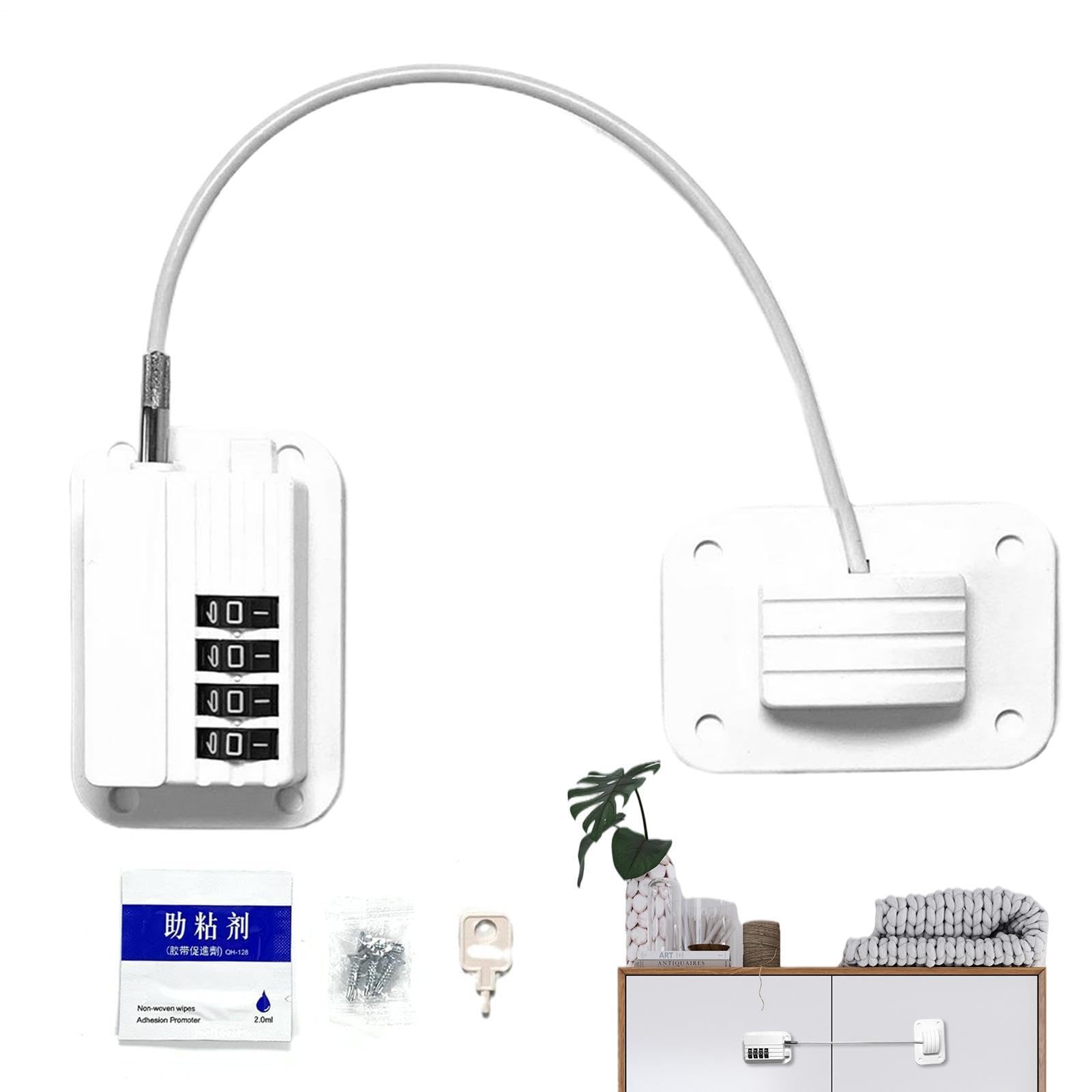 Fridge Lock with 3-Digit Combination - Keyless Child Proof Refrigerator Lock | Heavy Duty Adhesive Safety Latch for Cabinets, Drawers, Ovens & | 8" Stainless Steel Cable (White)