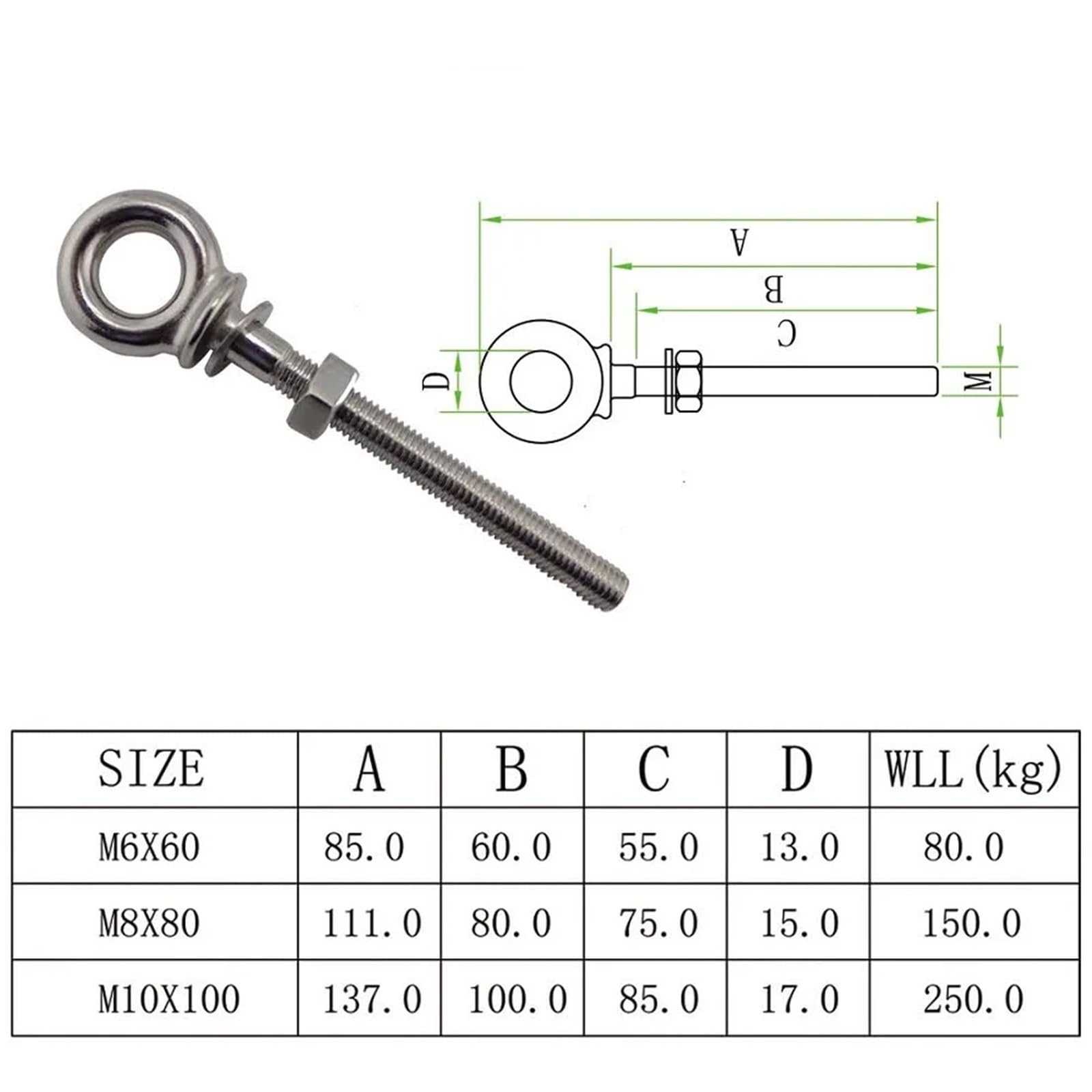 Cancamos metalicos 5 pernos de ojo elevación hombro largo con tuerca acero inoxidable 316 M6 M8 M10(M10X100)