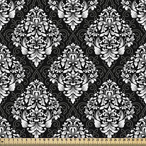 ABAKUHAUS Damasco Tela por Metro, Timeless hojas del follaje, Decorativa para Tapicería y Textiles del Hogar, 1M (148x100cm), Gris Blanco y Negro
