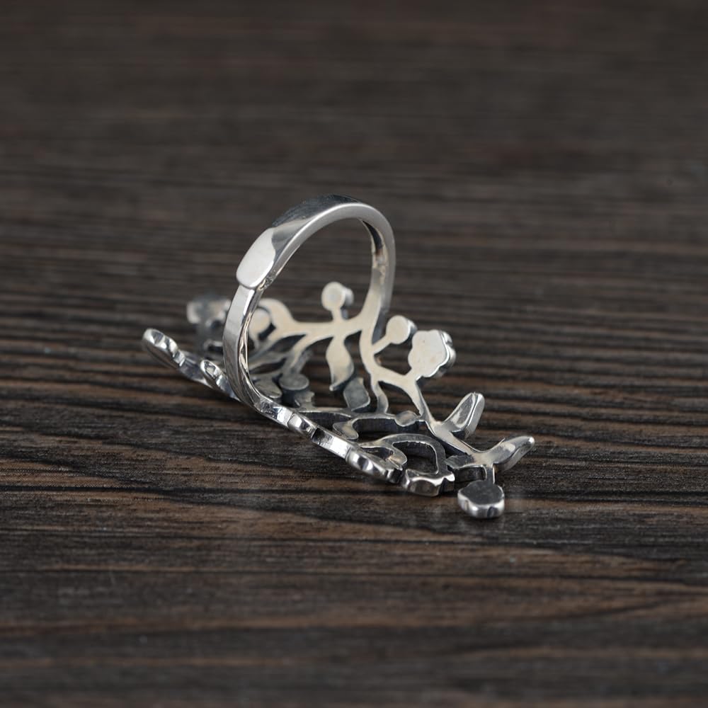 ForFox Anillo grande de hojas de árbol de plata de ley 925 para mujeres y niñas abierto y ajustable