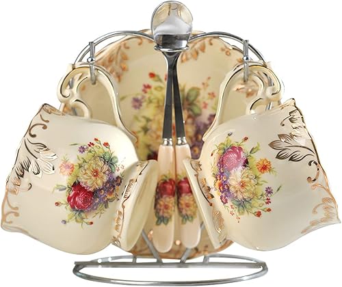 YOLIFE Juego de 2 tazas de té y platillos, tazas de té de porcelana floral vintage con soporte, 8 onzas