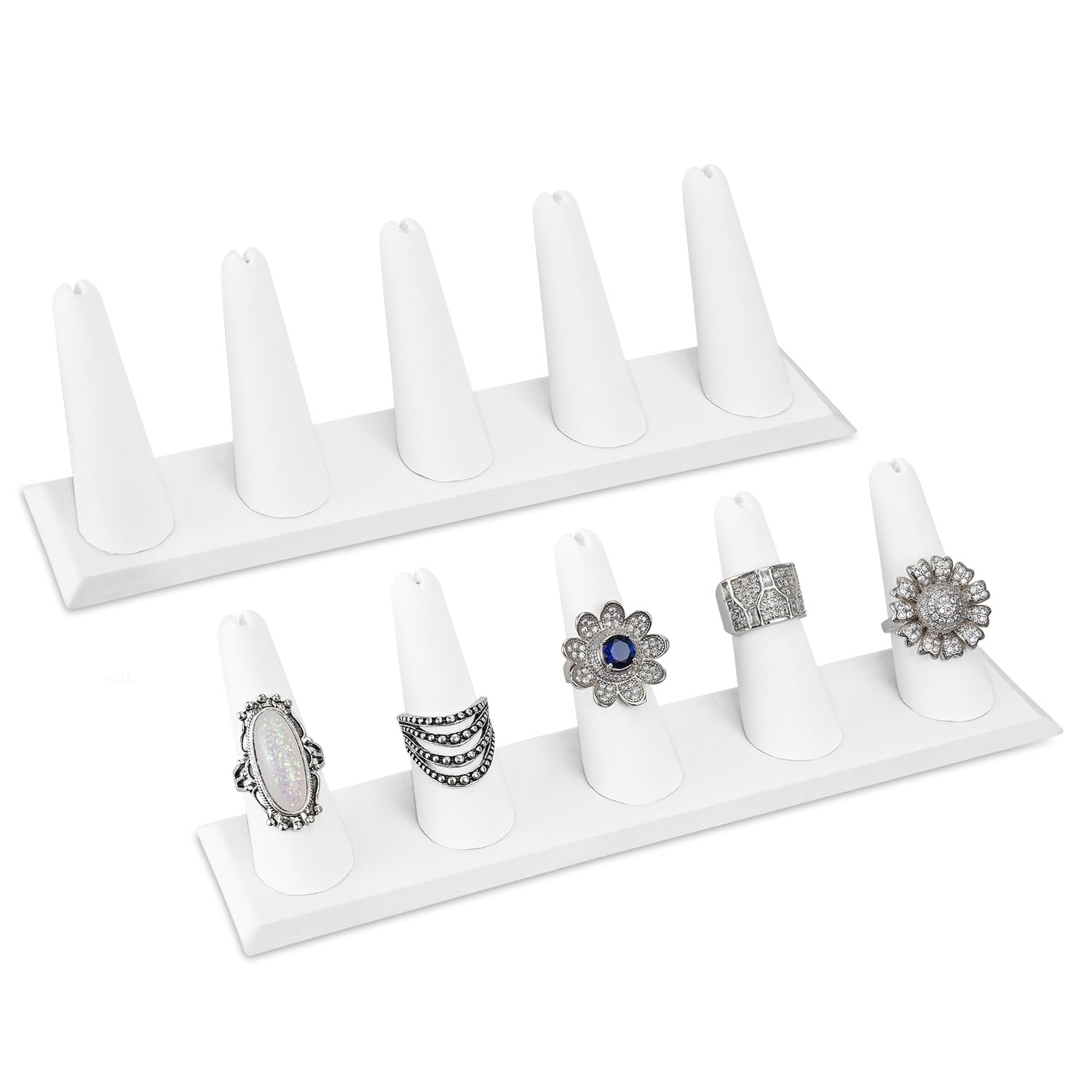 MOOCA 2 Pcs Set Ring Organizer for Showcase Display Drawer 5 Long Ring Storage Holder Jewelry Display Stands Showcase Jewelry Storage Counter, White Leatherette, 8 W x 2 1/8 D x 2 1/2 H in