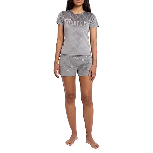 Juicy Couture Women's 2 Piece Velvet Fleece Short Sleeve Shirt and Pajama Shorts Lounge Sleepwear Set - Small - Grey Jc Embossed