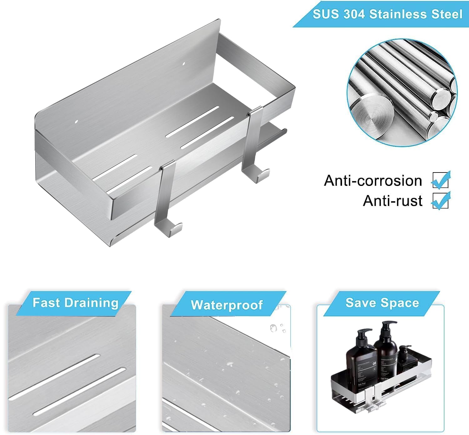 QNIIAED Shower Caddy,Bathroom Shelf Wall Mounted SUS 304 Stainless Steel Heavy Duty Shower Shelf With 2 pcs Hooks (Brushed Silver 8.7 Inch) - Image 3