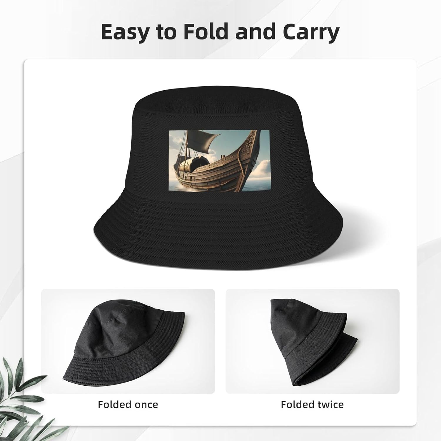 Old Viking Boat Print Men Women Sun Hats for Wide Brim Uv Protection Fishing Hiking Outdoor Hats Black