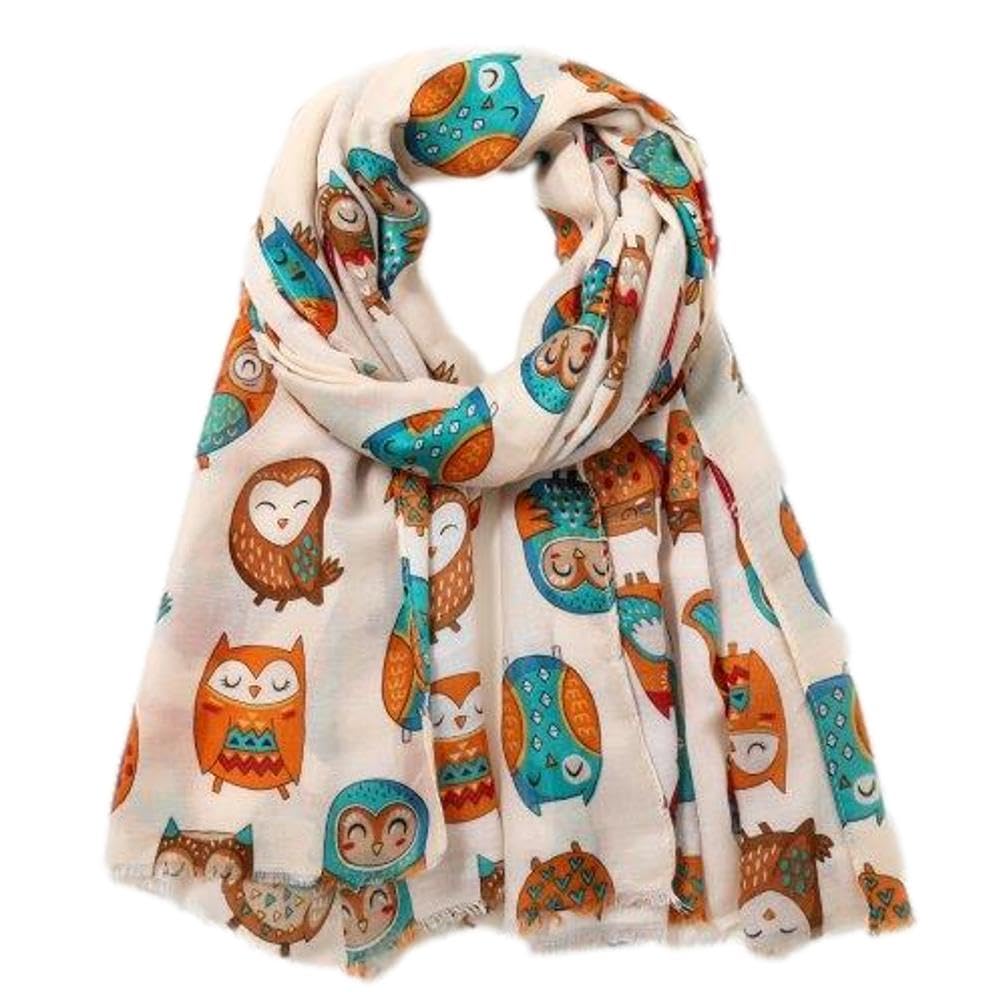 Purple Possum Women's Cream Purple Possum® Owl Scarf Wise Owls Wrap Bird Print Lightweight Shawl Scarves (Cream)