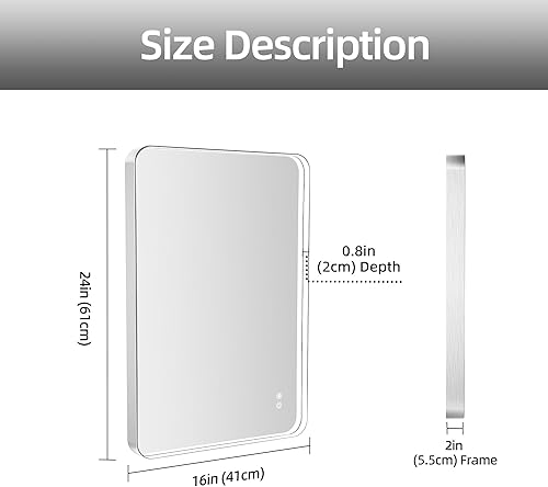 Miniatura 9 de Vosuja Espejo de baño LED de 16 x 24 pulgadas con luces, marco plateado rectangular redondeado con diseño de tira de luz incrustada, 3 colores y