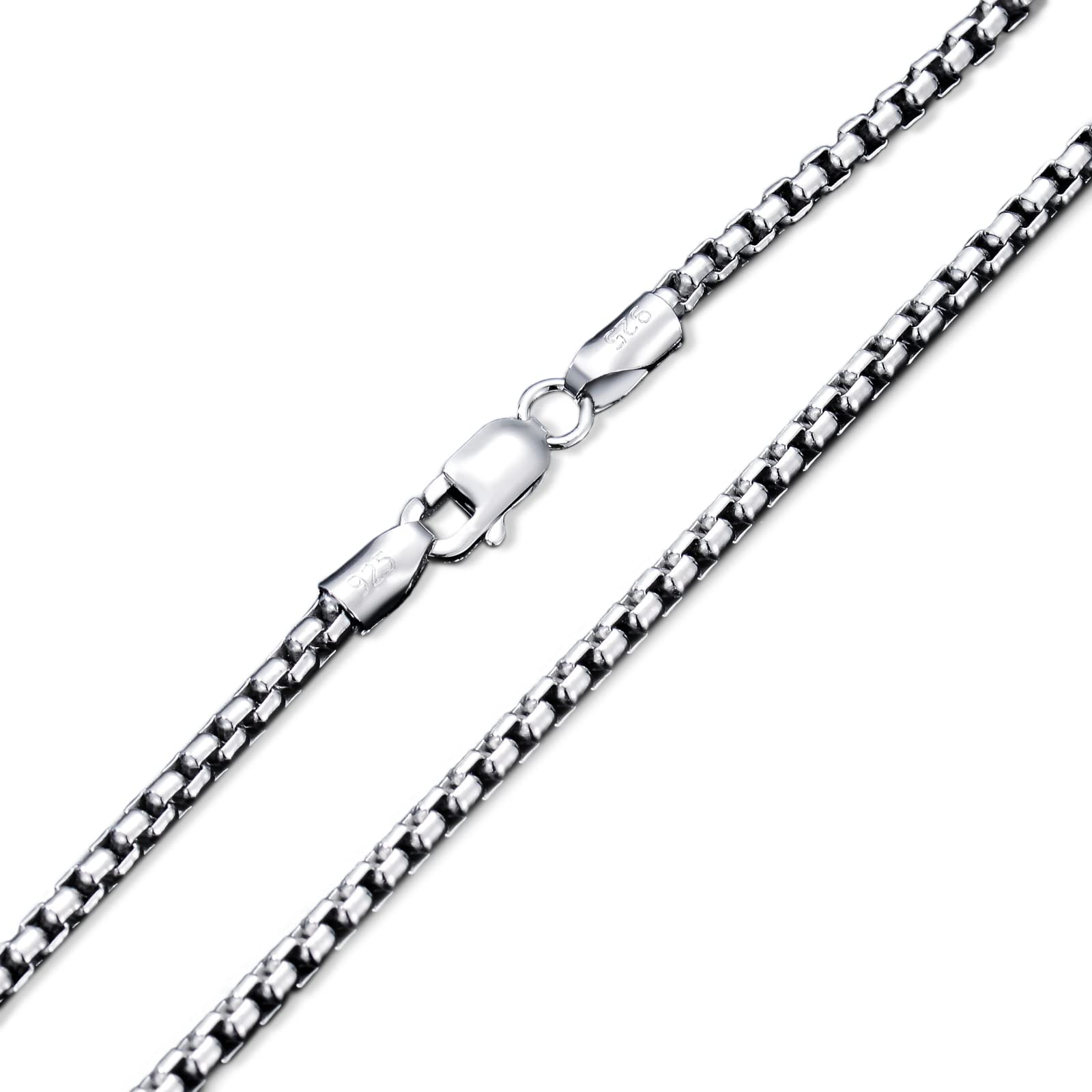 PDTJMTG 925 Sterling Silver Round Box Chain 1MM, 1.5MM, 2MM, 2.5MM
