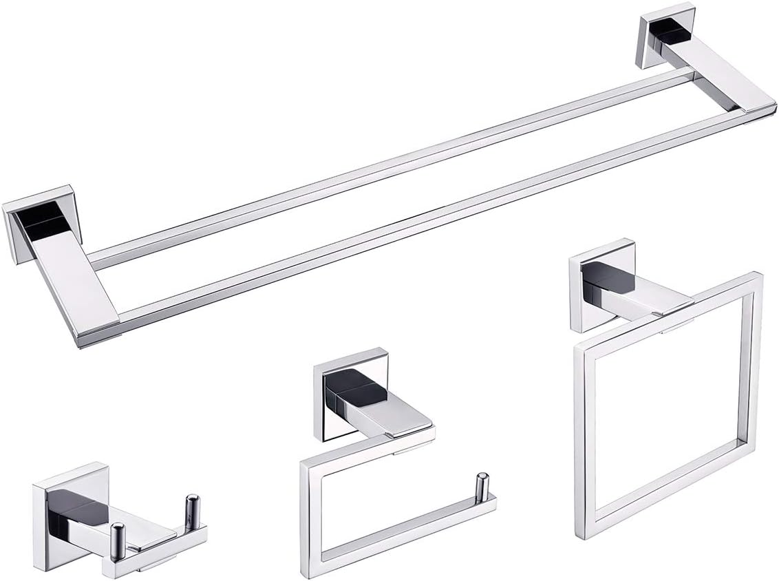 Creative Product Miyili 4-Pieces Bathroom Hardware Set Wall Mounted Polished Stainless Steel - Includes Double Towel Bar, Towel Ring, Toilet Paper Holder, Robe Hook, BS04C4