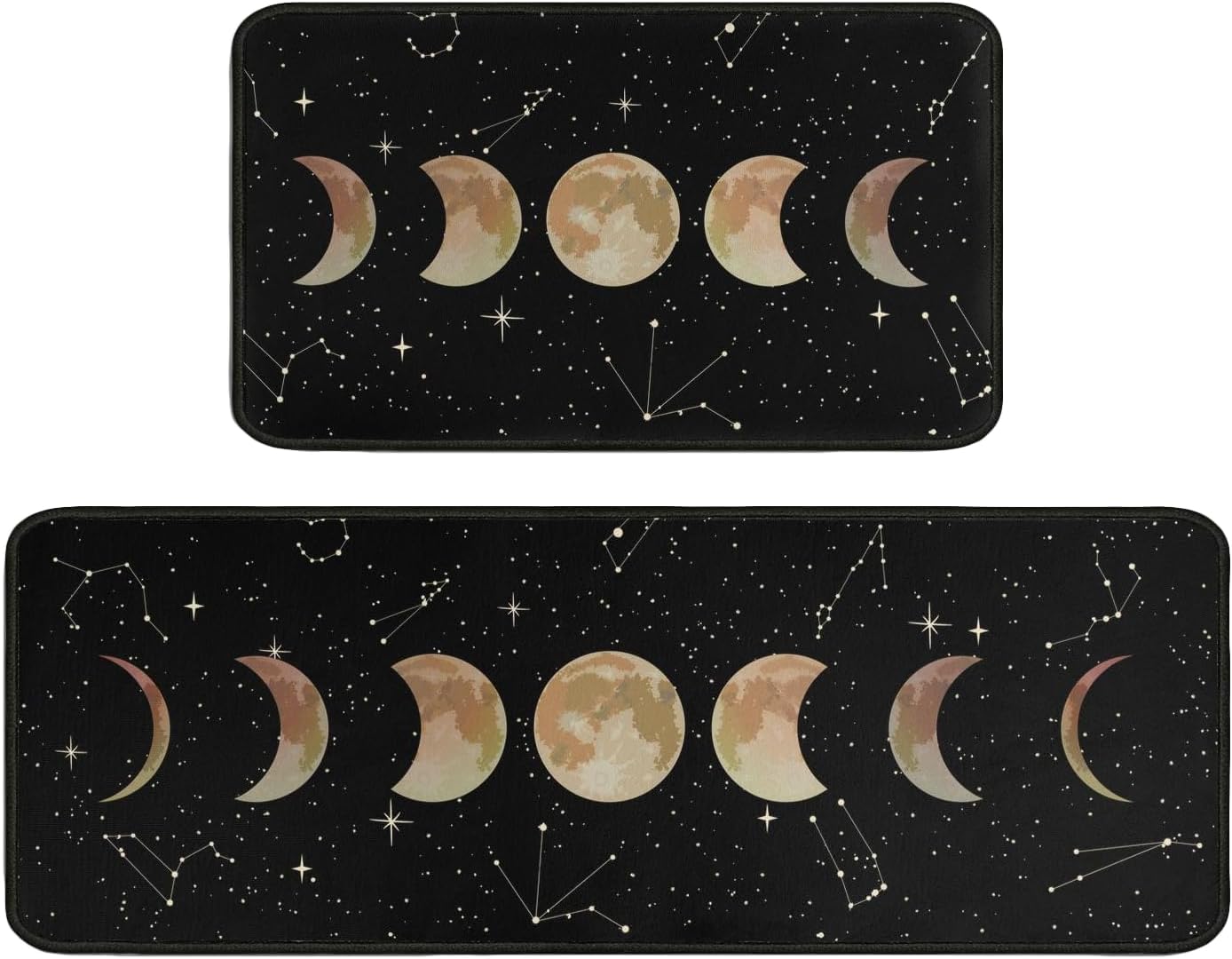 Gothic Kitchen Rugs Set of 2, Black Moon Phase Kitchen Mat Non-Slip Washable, Goth Kitchen Decorative Floor Mats for Kitchen Sink Laundry Room, 17x30+17x47 Inch