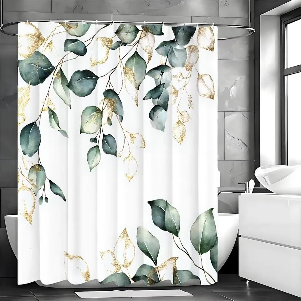 GFRYIIO Green Eucalyptus & Gold Print Shower Curtain Waterproof Polyester Bathroom Curtain with Hooks for Bathroom Wet Room Tub 80x120cm/31x47in(WxH)