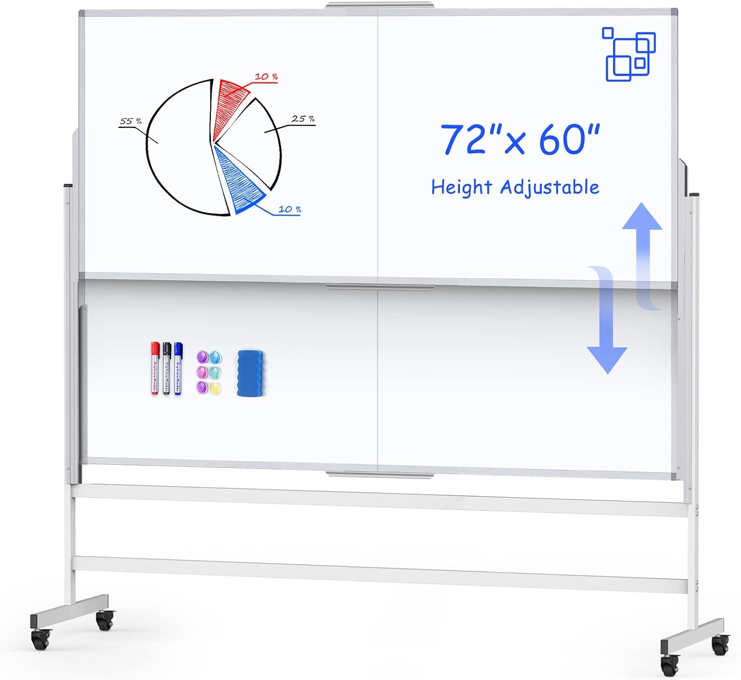 Dry Erase Whiteboard Height Adjustable, 72x60 inches Large Standing Easel White Board on Wheels, Mobile Magnetic Rolling White Board for Office Home Classroom, School Supplies for Teaching 60"W x 72"H Style B