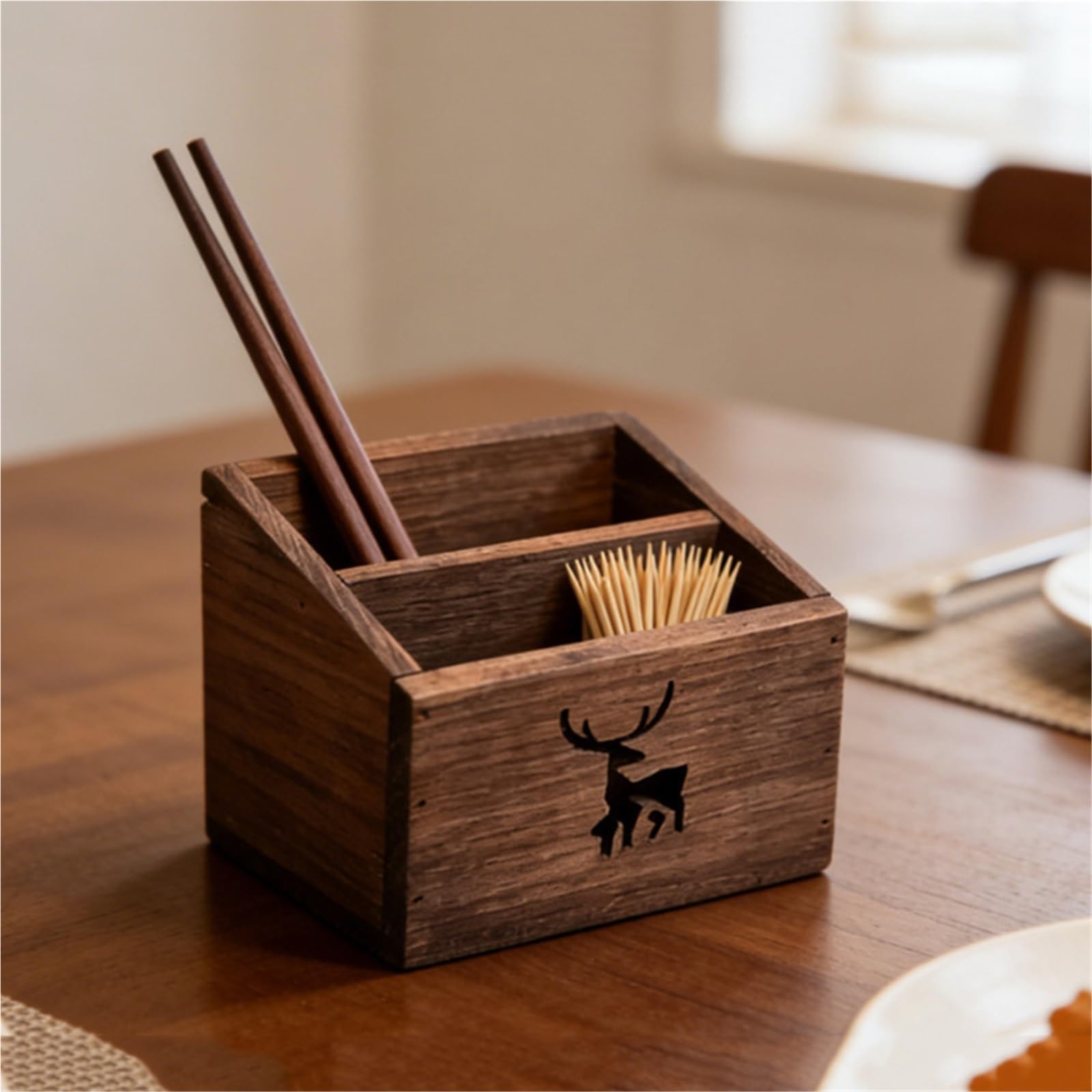 Soporte de madera para mandos a distancia Organizador de escritorio madera rústica con 2 compartimentos, caja almacenamiento Control remoto for papelería dormitorio oficina en casa