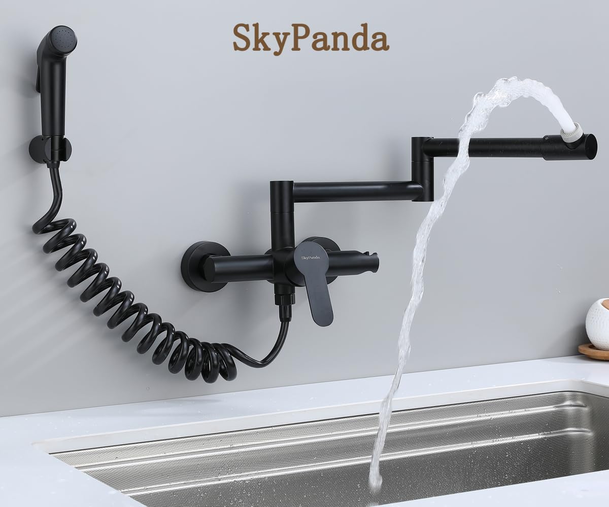 Faltbar Küchenarmatur，Wasserhahn Küche Wandmontage, Spültischarmatur, mit 360° gefaltetem Drehrohr, warm und kalt, multifunktionale Sprühbetriebe, 304 Edelstahl, schwarz
