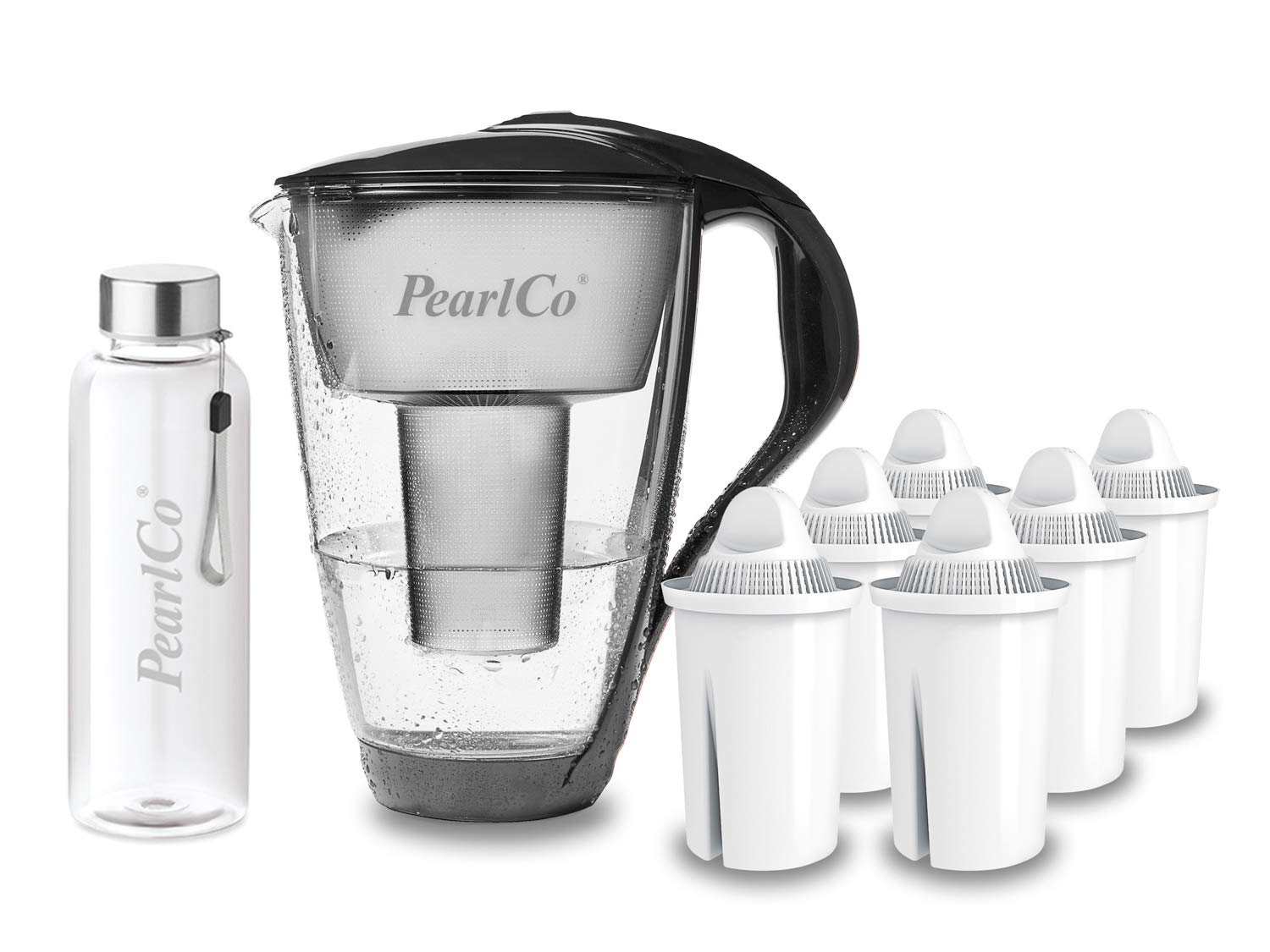 PearlCo - Szklany filtr do wody (antracyt) z 6 uniwersalnymi wkładami filtrującymi Classic + 1 butelka na napoje ze szkła
